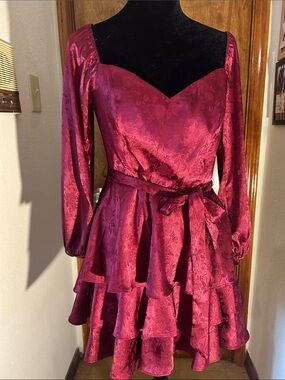 B Darlin Deep Magenta Tiered Long-Sleeve Dress with Waist Tie